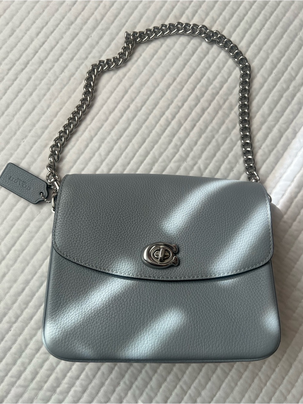 Coach Pebbled Leather Turnlock Shoulder Bag in Light Blue